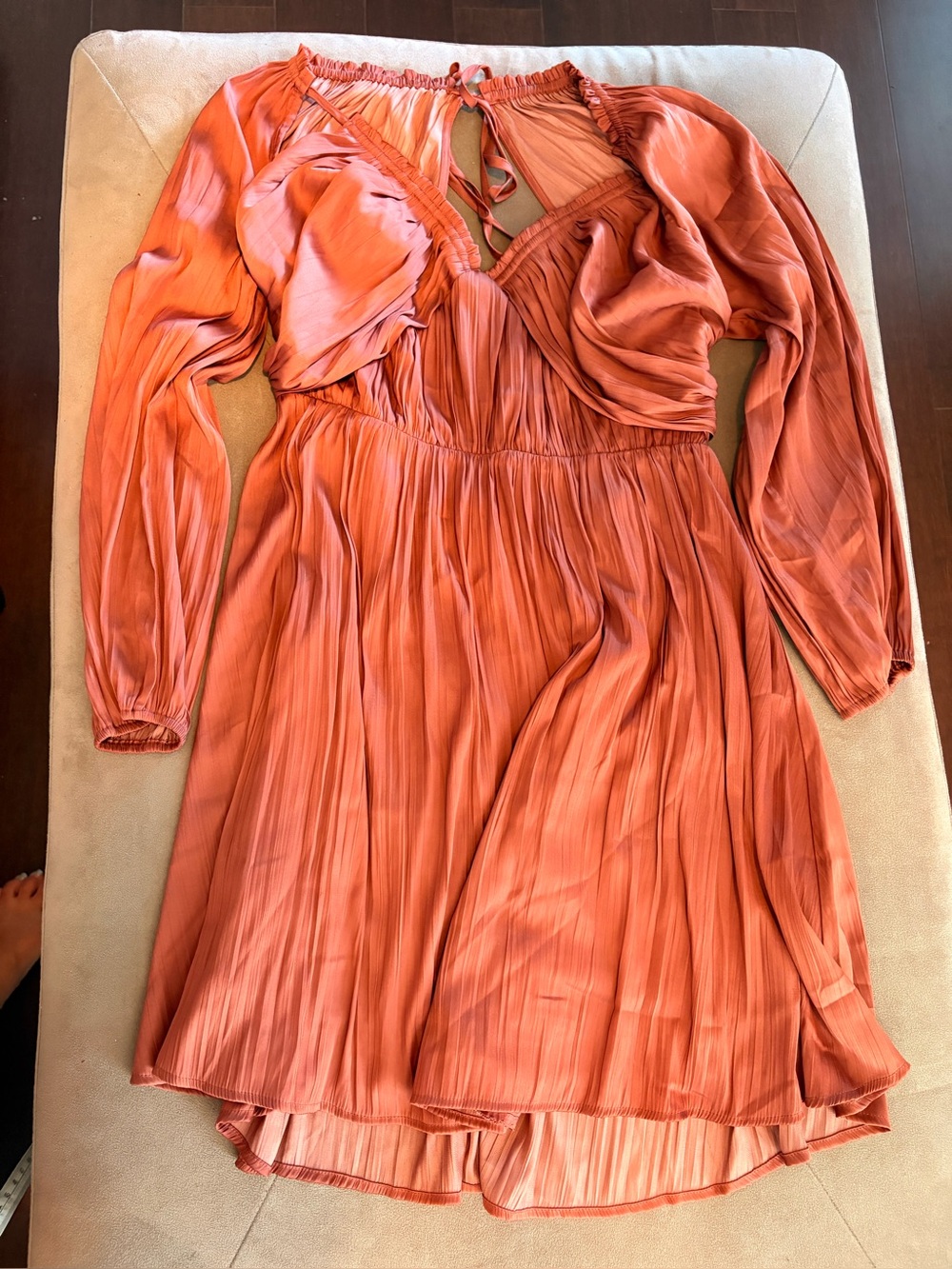 By Anthropologie Rust Pleated Cutout Long Sleeve Mini Dress Size MP